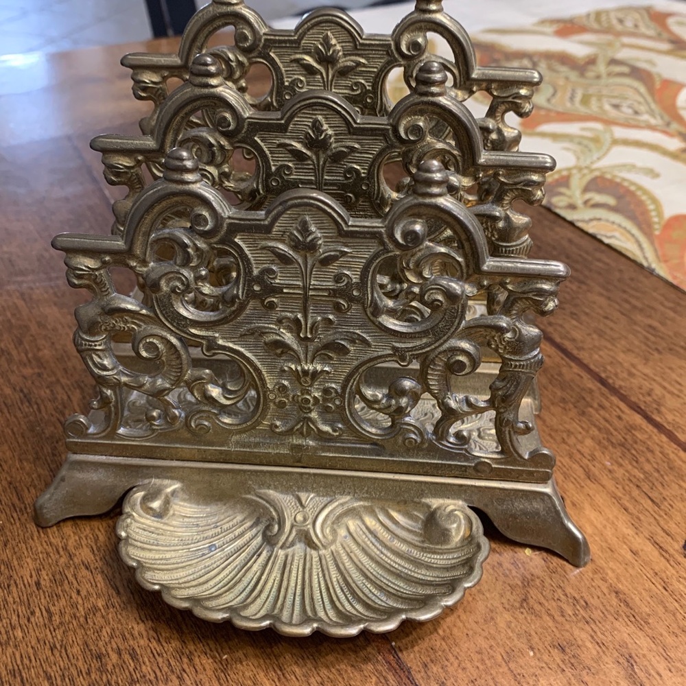 Vintage brass napkin/letter holder, office desk supplies, detailed work. HEAVY